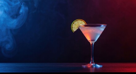 Martini cocktail with lime garnish, against a smoke-filled, moody backdrop