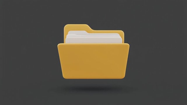 A 3D, minimal icon animation of a yellow file folder opening. This simple, clean, isolated element is perfect for business, office, or data concepts.