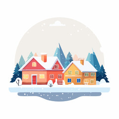 Cartoon vector illustration of a peaceful winter village landscape with snow-covered houses and trees under a night sky, perfect for a Christmas holiday card