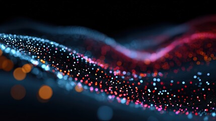 Abstract Digital Waveform Pattern with Glowing Dots in Red Blue and Orange with Bokeh Effect