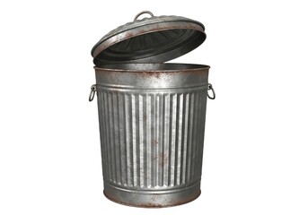 Rusty metal trash can with open lid ready for recycling or waste disposal in eco friendly living concepts