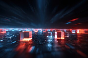 Abstract Geometric Cubes Illuminated In Red And Blue Hues Above Reflective Surface