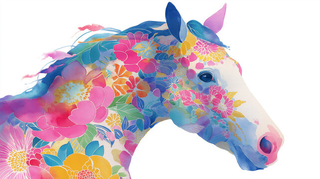 2026年干支の馬が駆ける華やかな和柄背景、伝統とモダンが融合した美しい和風イラスト｜年賀状素材や正月デザインに最適な馬のシルエットと雅な装飾が特徴