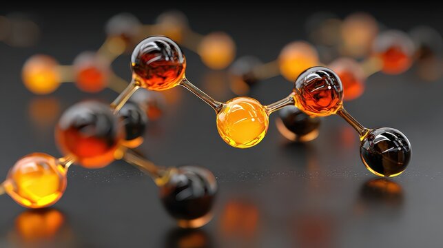 Abstract Molecular Structure with Orange and Brown Spheres on Dark Background - Powered by Adobe