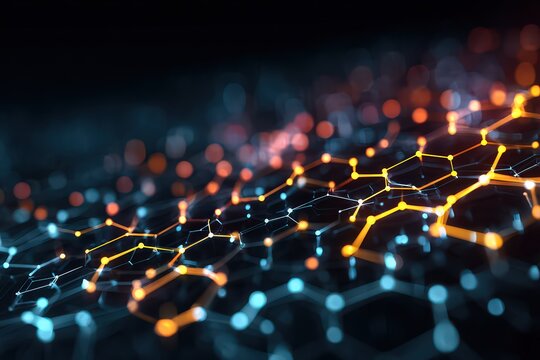Abstract Hexagonal Network Visualization with Blue and Orange Nodes on Dark Background Connecting Technology Scientific Concept