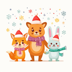 A vector illustration set of funny cartoon animals including a baby bear, cat, dog, and rabbit for children's holiday design cards