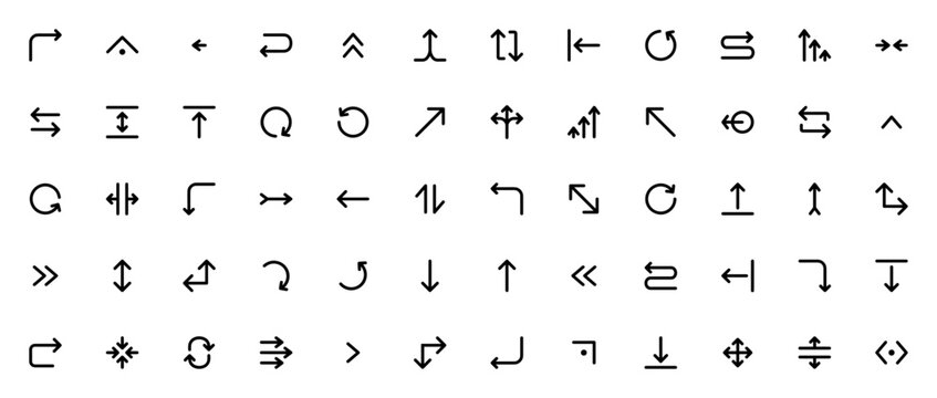 Arrow icon set. Vector arrows collection. Minimal lie icons pack. Includes symols for turn right, left arow, up arrow, download, uload, undo, redo, directioal arrows, chevron, resizeand more.
