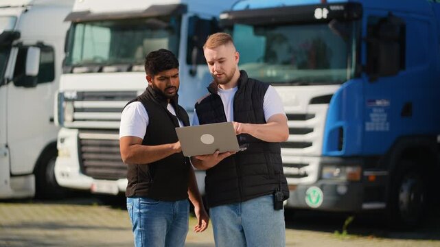 Two truck Multiethnic drivers using laptop for logistics management