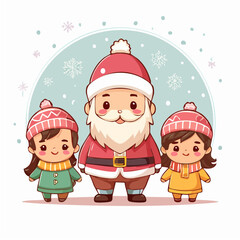 Chibi Santa Claus and Happy Winter Children Trio