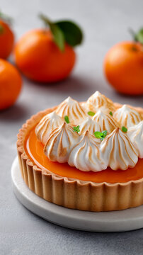 Vegan Mandarin curd tart with toasted meringue and fresh tangerines on gray background