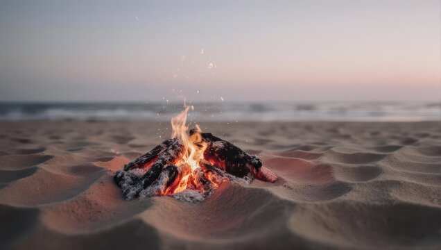 Beach Bonfire at Dusk - A Warm Glow on the Sandy Shore.