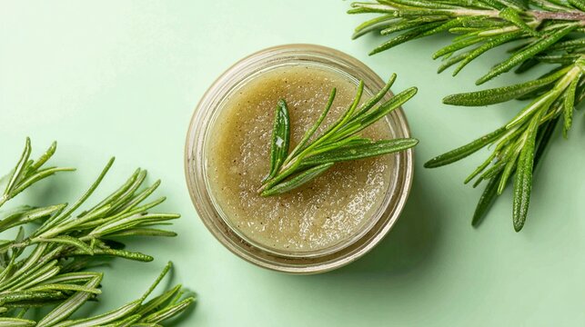 Natural rosemary sugar scrub showcasing organic skincare ingredients with fresh herb sprigs on soft green background