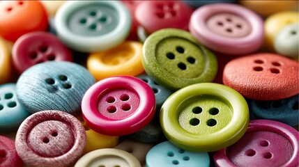 Colorful sewing buttons in various sizes and vibrant hues scattered artfully, showcasing texture and crafting potential with close-up macro photography detail