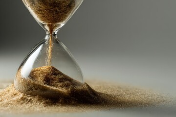 Close Up Of Hourglass With Golden Sand Flowing Over The Table in Studio Shot