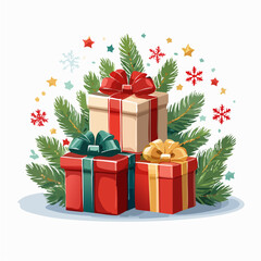 Festive Stack of Christmas Presents and Fir Branches Illustration