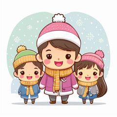 Three Cozy Kawaii Characters in Winter Clothing