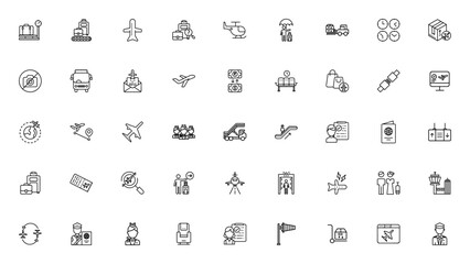 Airport icon set. Travel vector icons pack. Includessymbols for flight, baggag, passport, security, chec-in, lounge, pilot and mor. Editable stroke. © wang