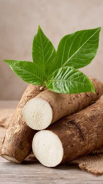 Rustic still life of fresh yuca roots with vibrant green leaves, showcasing the raw, unpeeled texture and cross-section of this starchy tropical root vegetable