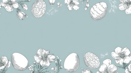 Floral and Egg Border with White and Dark Blue Elements on Light Blue Background for Easter or Spring Designs