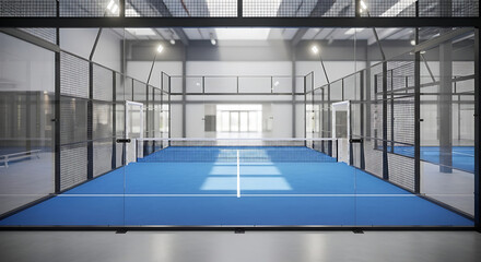 Modern indoor padel tennis court with a vibrant blue surface and surrounding glass walls.
