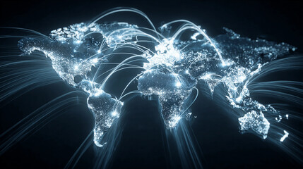 Global network connection concept showing the world map with glowing city lights and connecting lines