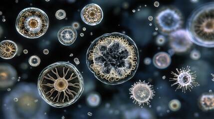 A Microscopic View of Diverse Microorganisms Showcasing Their Unique Structures and Details in Vibrant Colors and Shapes