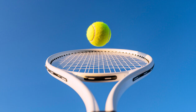 White Tennis Racket Hitting Ball Low Angle Sky, Sport Equipment Action Concept Victory