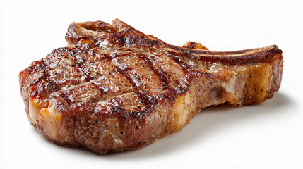 Grilled ribeye steak isolated on white background, showcasing its juicy texture and delicious grill marks