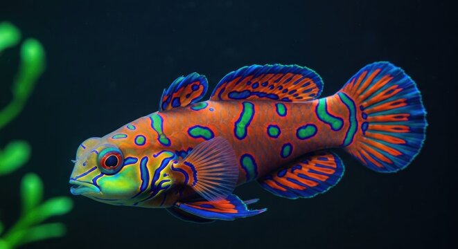 Vibrant patterned Mandarin dragonet swimming near seaweed