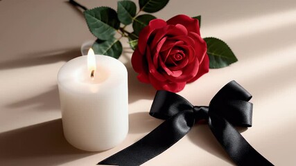 Lit White Candle, Red Rose, and Black Ribbon Symbolizing Remembrance, Mourning, and Sympathy