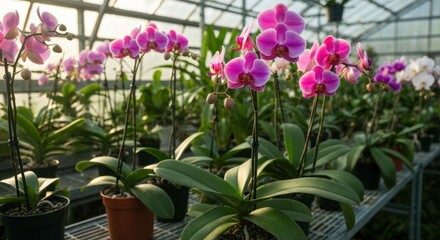 Vibrant orchids bloom in a sunlit greenhouse, on rows of shelves