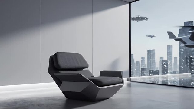 Modern Geometric Armchair in Futuristic Room with Urban Cityscape and Flying Vehicles