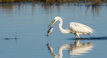 Obraz premium White bird catches fish in water, sunny day