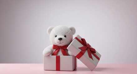 White teddy bear peeks from gift box with red ribbon, pink surface