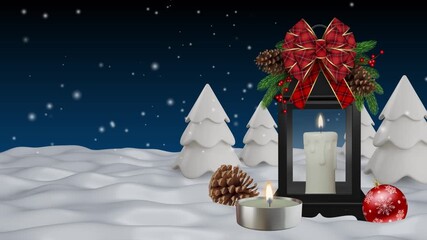 christmas animated background with lantern and decorations on winter landscape with falling showflakes - Powered by Adobe
