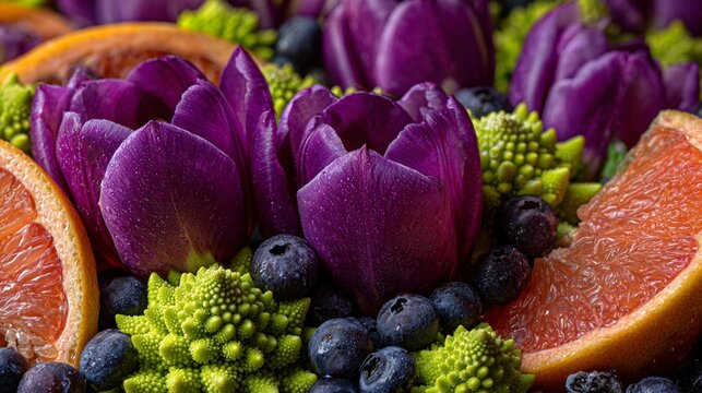 Vibrant purple tulips nestled among blueberries, romanesco broccoli, and grapefruit slices create a stunning, colorful composition of fresh, organic beauty and natural textures.