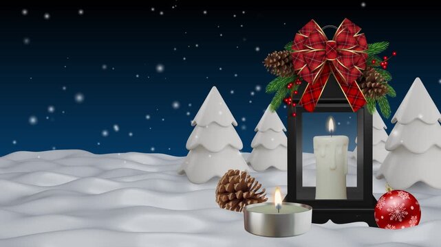 christmas animated background with lantern and decorations on winter landscape with falling showflakes