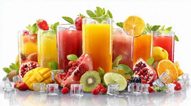 Assortment of fresh fruit juices in glasses isolated on white background, including strawberry, orange, kiwi, and mango