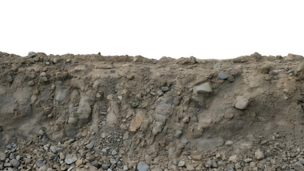 Dry soil and rock cross section texture isolated on white, rough ground dirt layer with stones, construction excavation background, geological underground earth view.