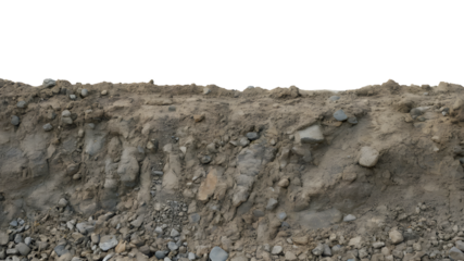 Dry soil and rock cross section texture isolated on white, rough ground dirt layer with stones, construction excavation background, geological underground earth view.