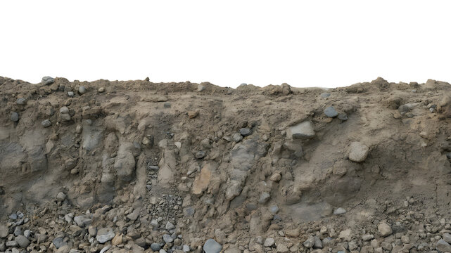 Dry soil and rock cross section texture isolated on white, rough ground dirt layer with stones, construction excavation background, geological underground earth view.
