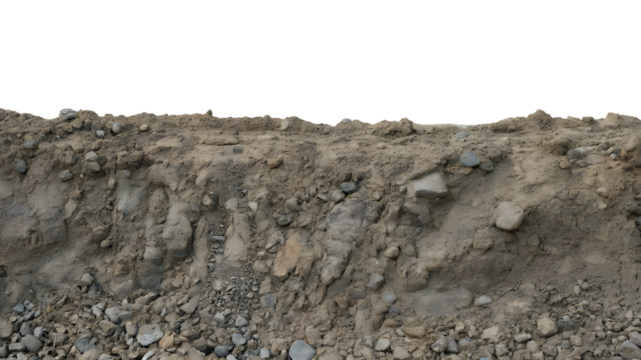 Dry soil and rock cross section texture isolated on white, rough ground dirt layer with stones, construction excavation background, geological underground earth view.