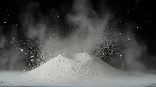 A 3D, slow-motion animation of a flour explosion or powder burst. This realistic, white dust cloud on black is perfect for bakery, cooking, or impact effects.