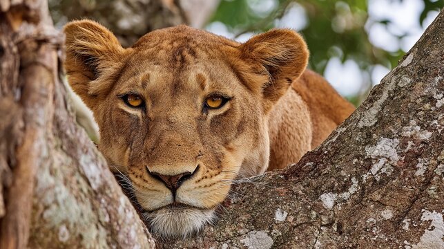 Majestic lioness resting between tree branches, her intense gaze capturing the raw beauty of African wildlife in a serene yet powerful moment of wilderness tranquility.