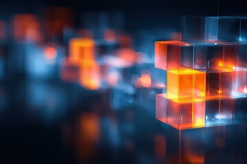 Abstract Composition of Glowing Geometric Cubes in Orange and Blue