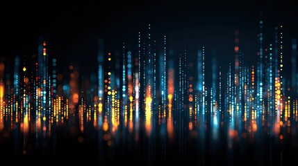 Abstract Digital Data Visualization With Blue Orange And Yellow Light Streaks On Dark Background