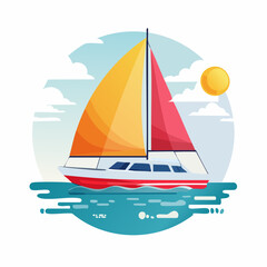 Colorful Sailboat with Red and Orange Sails on Water.