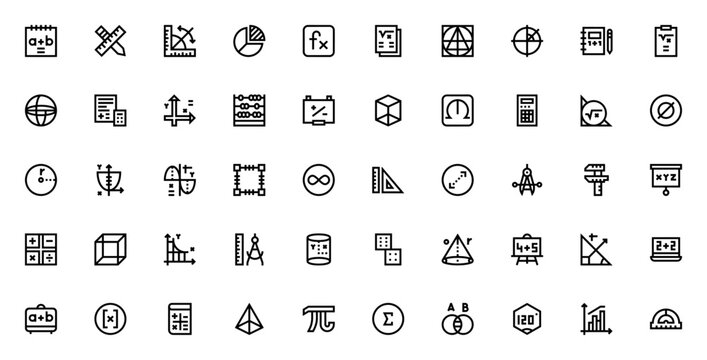 Maths icon set. Vector illustration. Includes symbol for geometry, algebra, caculator, graph, trigonomety, statistics, abacus, cub, sphere and more.