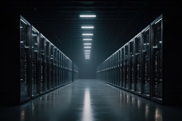 Data Center Server Room with Rows of Racks and Futuristic Lighting