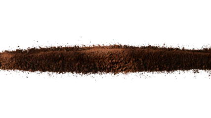 Line of brown coffee grounds powder texture isolated on white, organic soil dirt border, dry cocoa dust grain stripe, minimalist scattered particles background, for spa, scrub, agriculture, food.